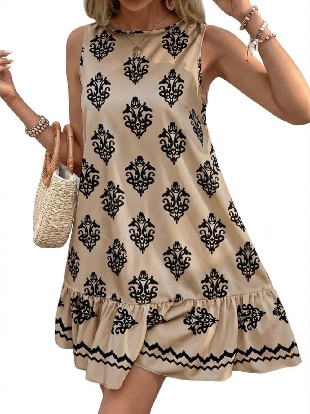 BLENCOT Women’s Boho Dress XL Beige Black Sleeveless Ruffle Hem Pockets